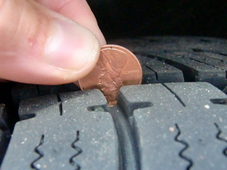 car tyre maintenance, checking car tyre thread with coin during basic car service